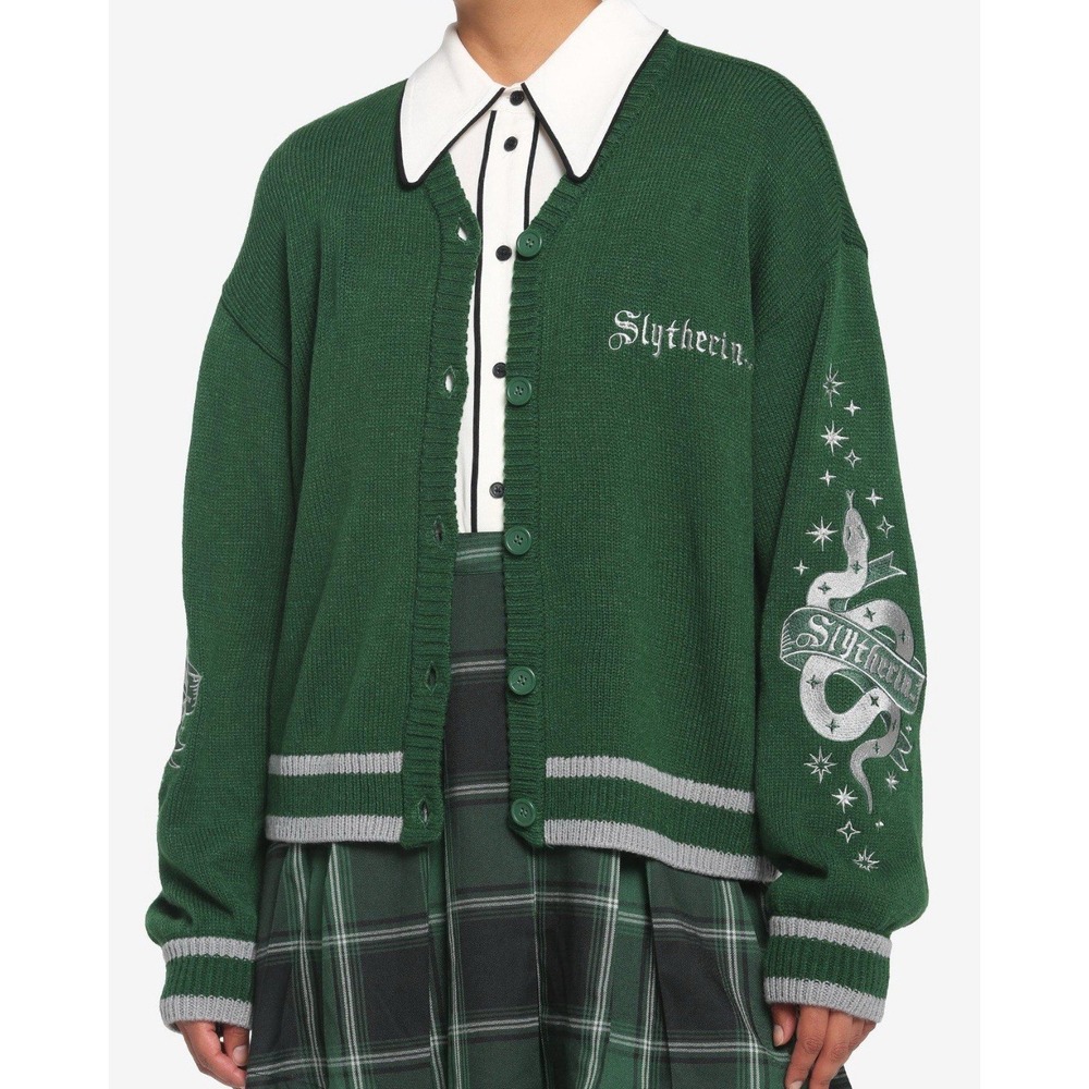 Harry Potter Slytherin Skimmer Cardigan Sweater Green Embroidered Details Large